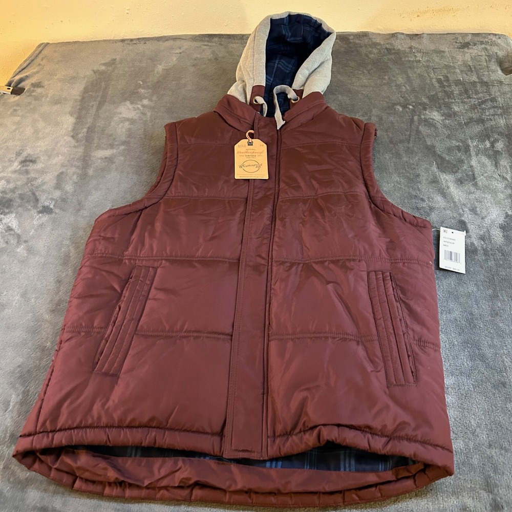 Weatherproof Vintage Vest Hooded Flannel‎ Lined Burgundy Casual Mens Medium